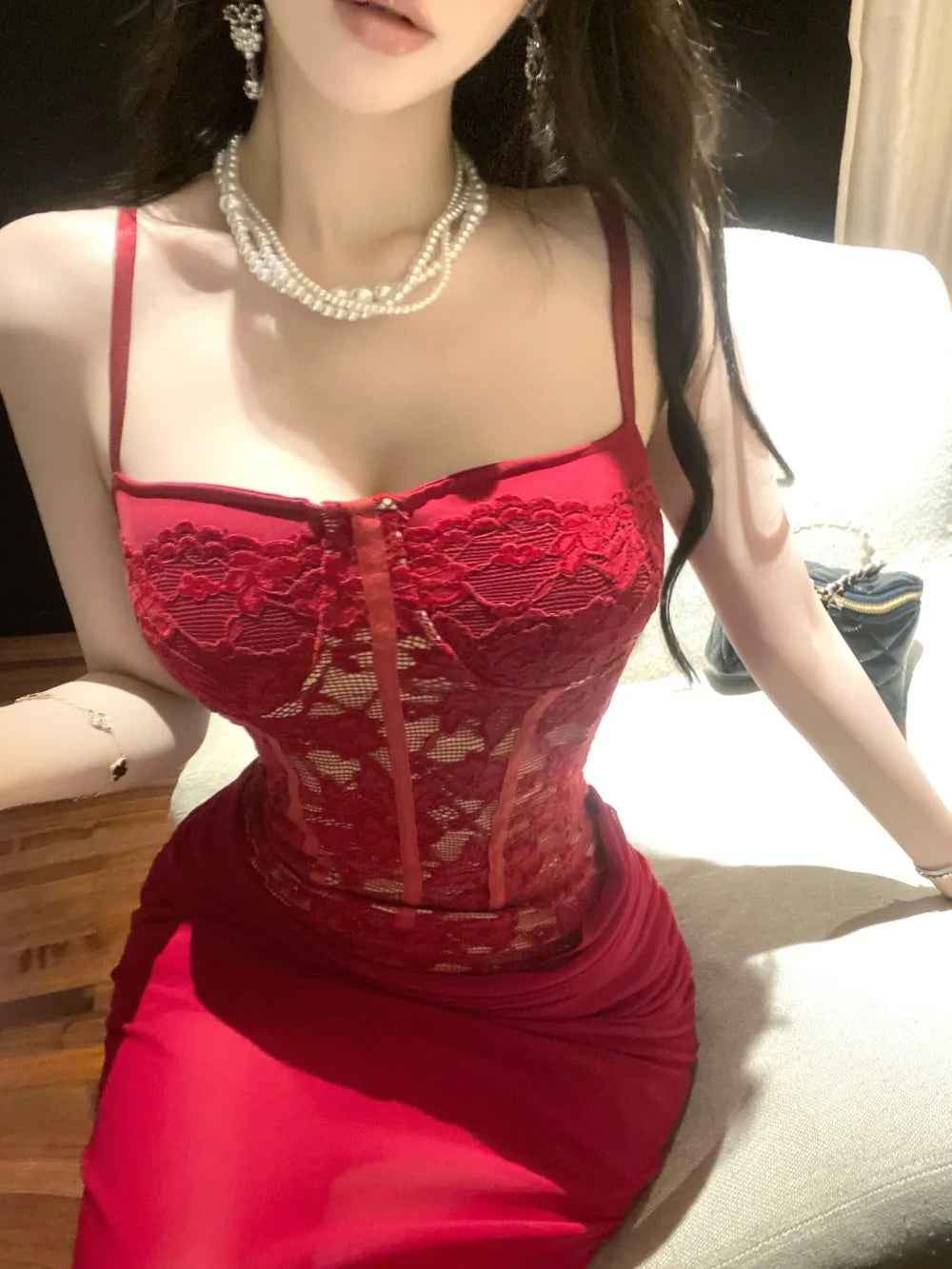 LIZAKOSHT  -  Women's Pure Desire Wind Red Lace Waist Dress Dress