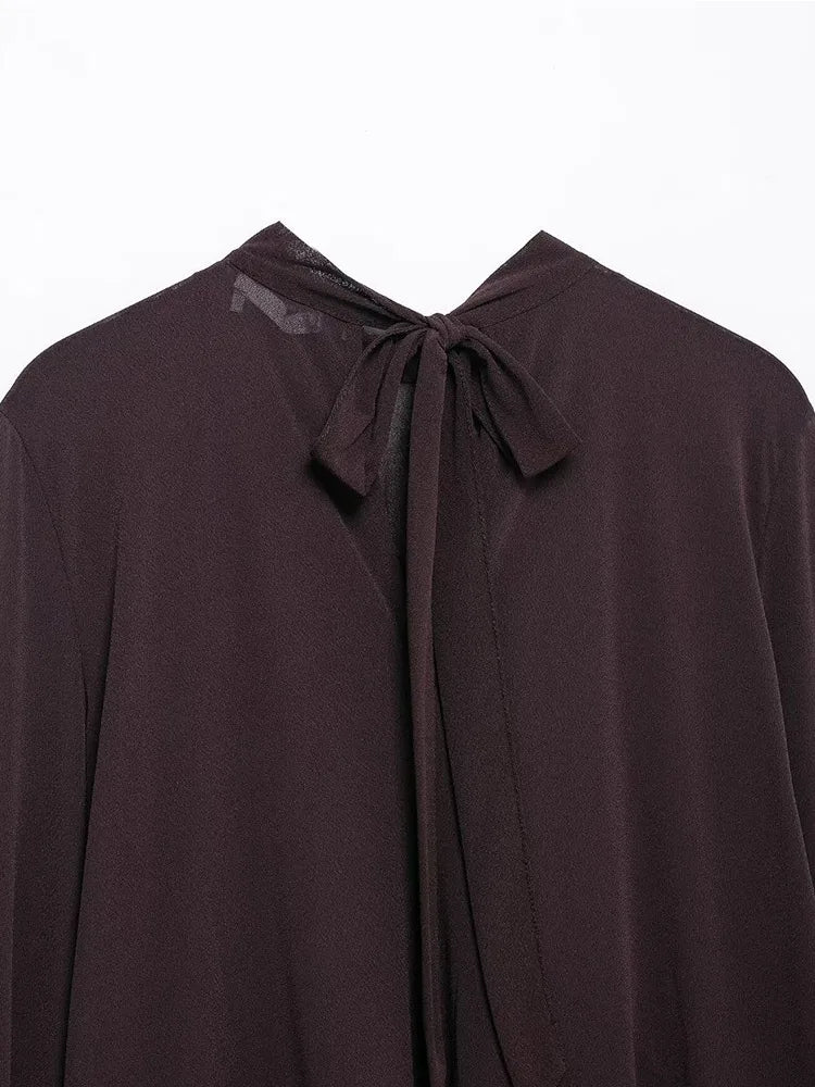 LIZAKOSHT  -  Elegant Shirts Women Loose Ruffles O Neck Long Sleeves Shirt Female 2025 Spring Summer Fashion Solid Soft Lace Up Chiffon Tops