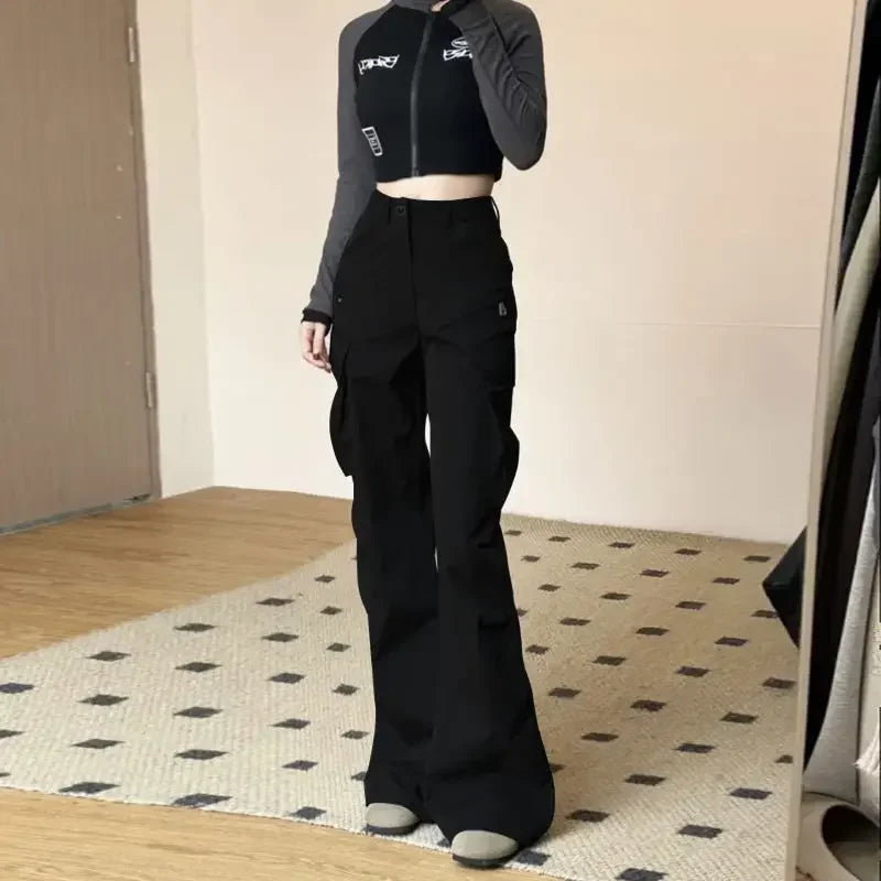 LIZAKOSHT  -  Korean Cargo Pants For Women High Waist Pockets Casual Fashion Trousers New Bottoms High Waist Black Vintage Pantalon Femme