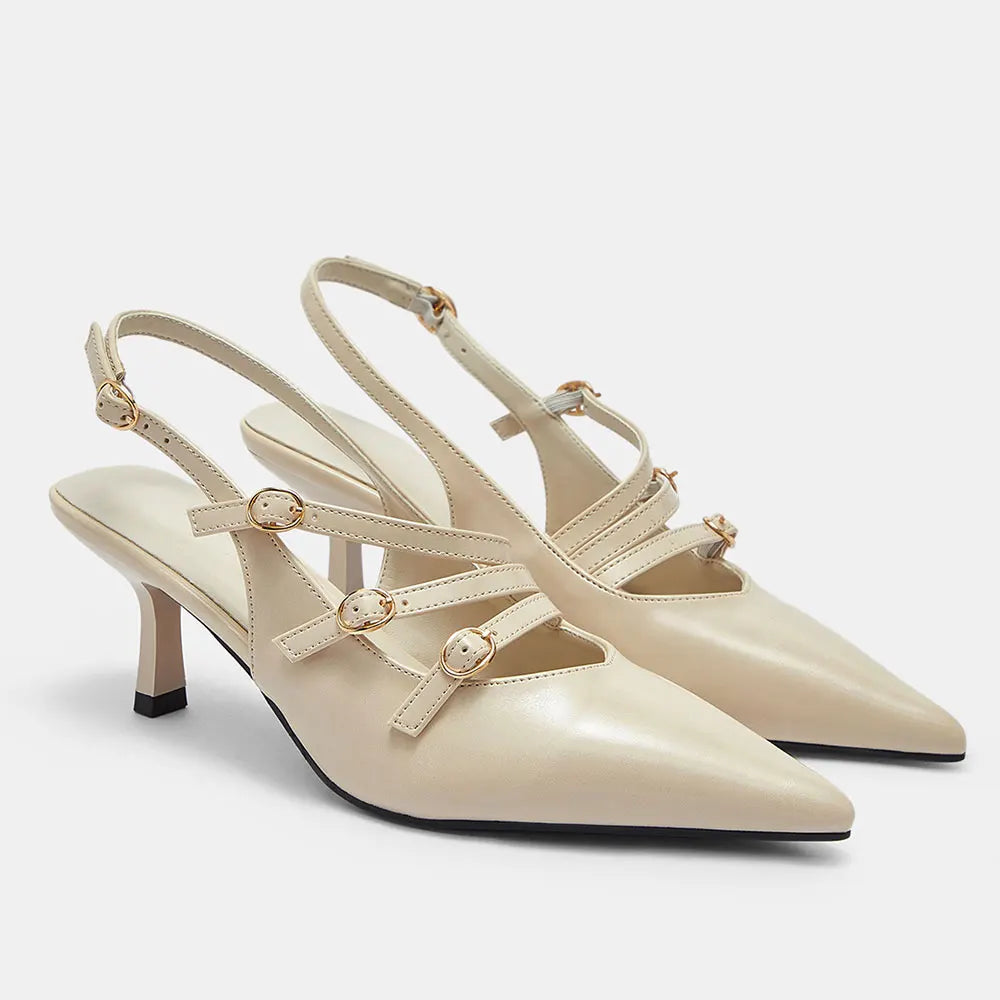 LIZAKOSHT  -  Elegant Beige Kitten Heels Slingback Pumps Classic Pointy Toe Buckle Straps Office Lady Shoes Women