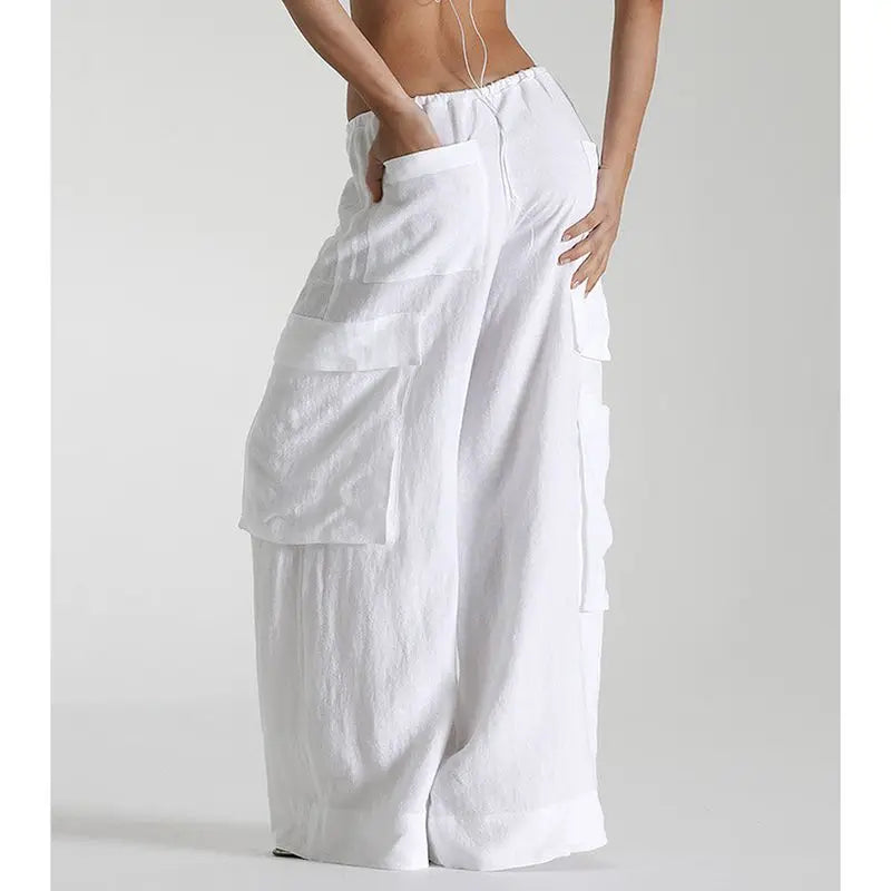 LIZAKOSHT  -  Women's Y2K Cargo Long Pants Solid Color Drawstring Elastic Low Waist Wide Leg Trousers with Multi Pockets Streetwear