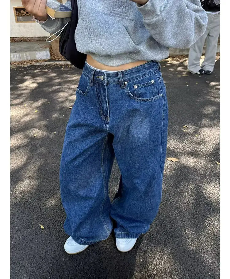 LIZAKOSHT  -  Washed American Style Wide Leg Jeans High Waist Straight Cut Commute Elegant High Quality Cotton Polyester Blend No Stretch
