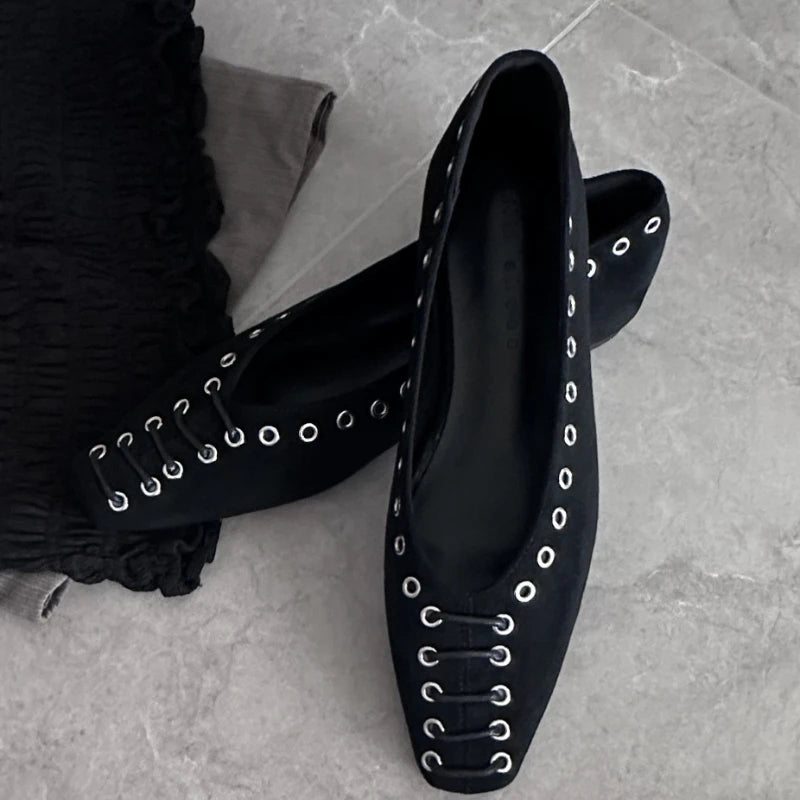 LIZAKOSHT  -  Square Toe Faux Suede Flats Women Comfort Rivet Design Shallow Mouth Loafers Vintage Soft Sole Designer Mary Jane Shoes