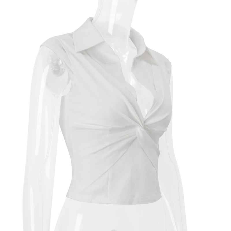LIZAKOSHT  -  Vintage Sexy Polo Neck Twisted Ruched White Tees Casual Slim Fit Low-cut Neck Solid Cropped Tops Trend All-match Streetwear