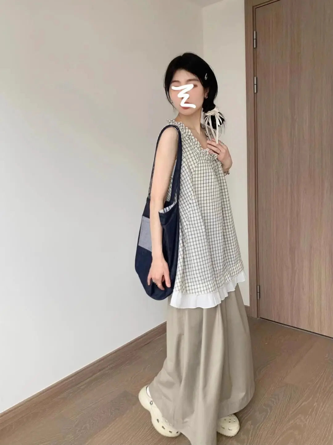 LIZAKOSHT  -  New Reduced Aging Checkered Fake Two Piece Sleeveless Splicing Summer Lace Sweet Loose Strap Top Tank Top