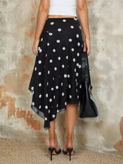 LIZAKOSHT  -  Polka Dot Printed Irregular Split Women Skirt Black High Waist Ruffles Slim Long Skirt Female Spring Casual Streetwear