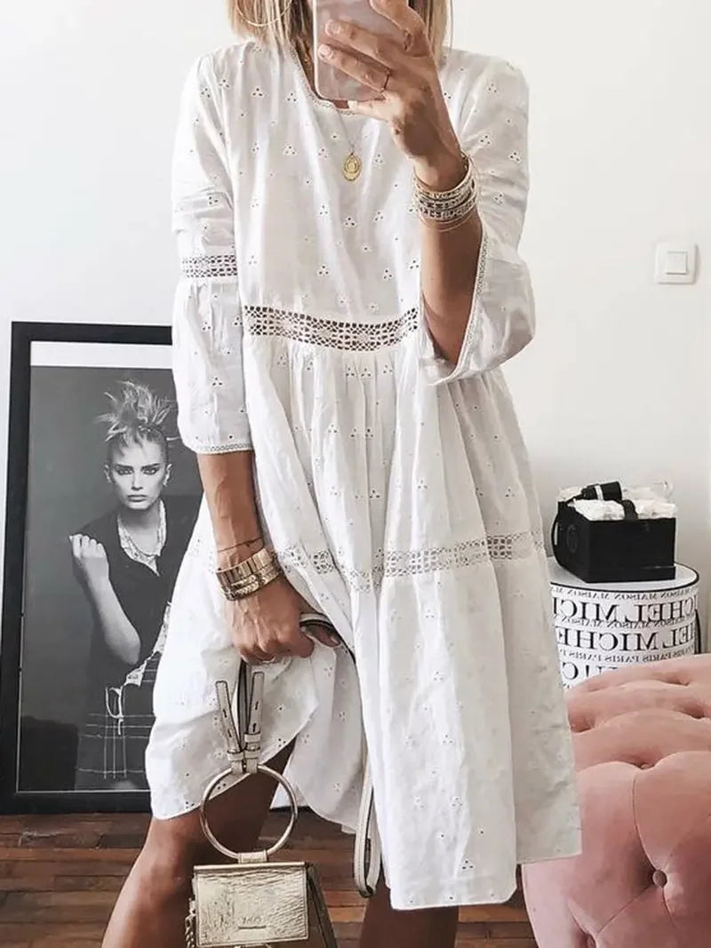 LIZAKOSHT  -  Summer Lace Splicing Hollow Embroidery Dresses Short Sleeve Loose Casual White Dress Women's Clothing Design Chic Dress New