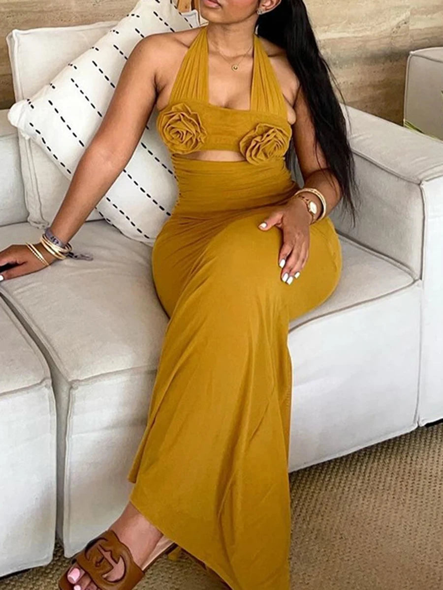 LIZAKOSHT  -  Solid Spliced Appliques Slimming Backless Dresses for Women Halter Sleeveless High Waist Temperament Dress Female Fashion