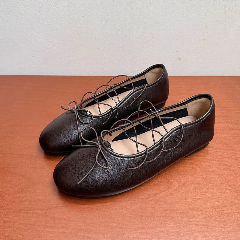 LIZAKOSHT  -  New Round Toe Fashion Cross-tied Women Flats Dress Shoes Shallow Slip On Ballet Shoes Soft Ladies Flat With Shoes