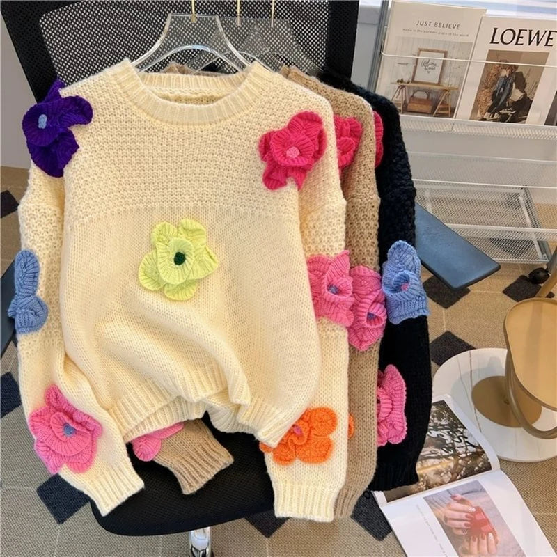 LIZAKOSHT  -  3D Floral Sweet Knit Sweater Women Loose Casual Lazy Wind Cute Long Sleeve Pullovers French Fall Winter Solid O Neck Jumpers New