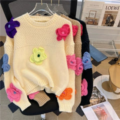 LIZAKOSHT  -  3D Floral Sweet Knit Sweater Women Loose Casual Lazy Wind Cute Long Sleeve Pullovers French Fall Winter Solid O Neck Jumpers New