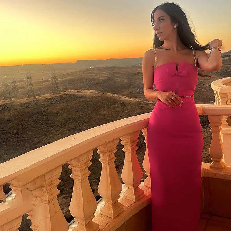 LIZAKOSHT  -  Off-Shoulder Bow Slim Long Dress Women's Fashion Collage Sexy Hollow Backless Elegant Evening Dress Women's Long Dress