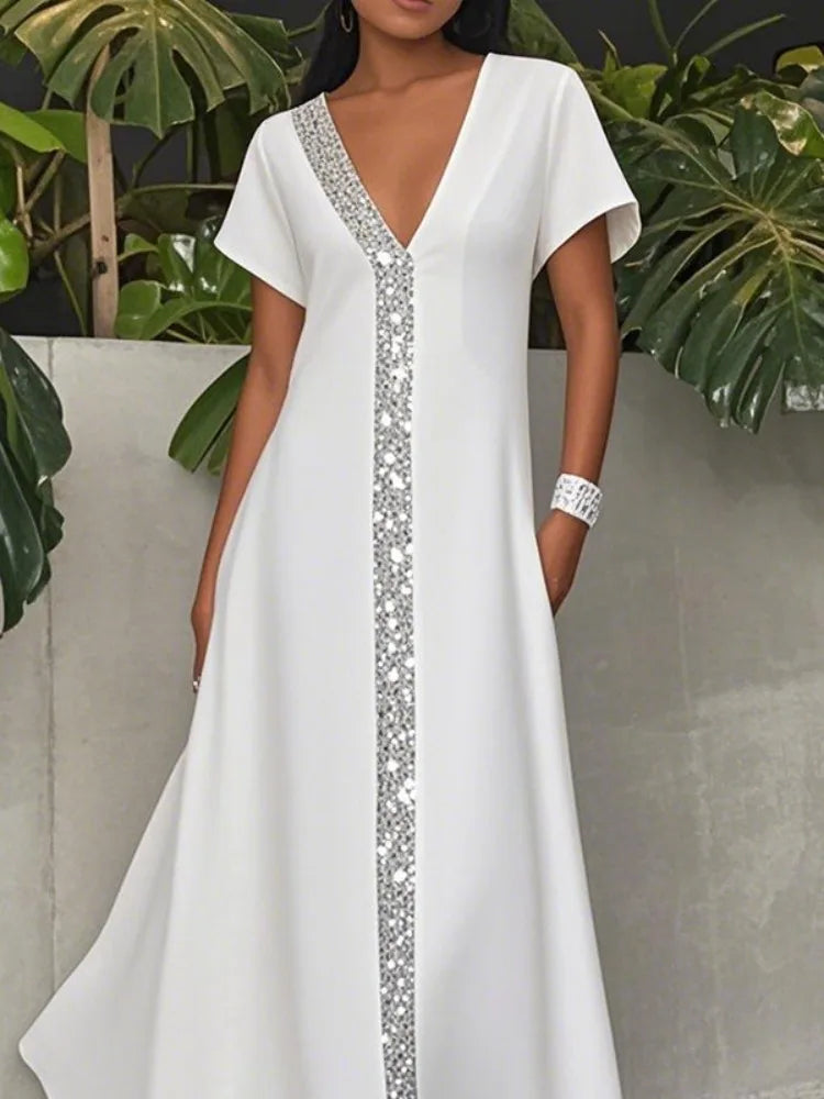 LIZAKOSHT  -  Summer Simple Elegant Women's Dress Shiny Striped V-neck Short Sleeves A-line Dress Stylish Party Wedding Dresses