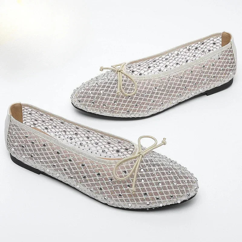 LIZAKOSHT  -  Mesh Rhinestone Ballet Flats Shoes Women Round Toe Comfy Shallow Breathable Boat Shoe Female Bling Brand Designer Mary Jane Shoe