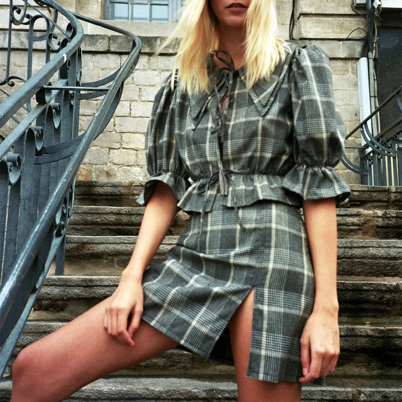 LIZAKOSHT  -  Women Y2K 2 Piece Skirts Outfits Vintage Summer Plaid Print Tie Front Short Sleeves Tops and Split Skirt Set Streetwear
