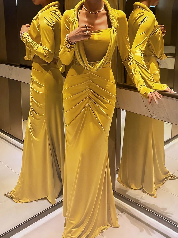LIZAKOSHT  -  Hipster Swing Collar Long Dress Woman Full Sleeve Prom Party Casual Elegant Skinny High Stretch Midnight Ruched Vestidos