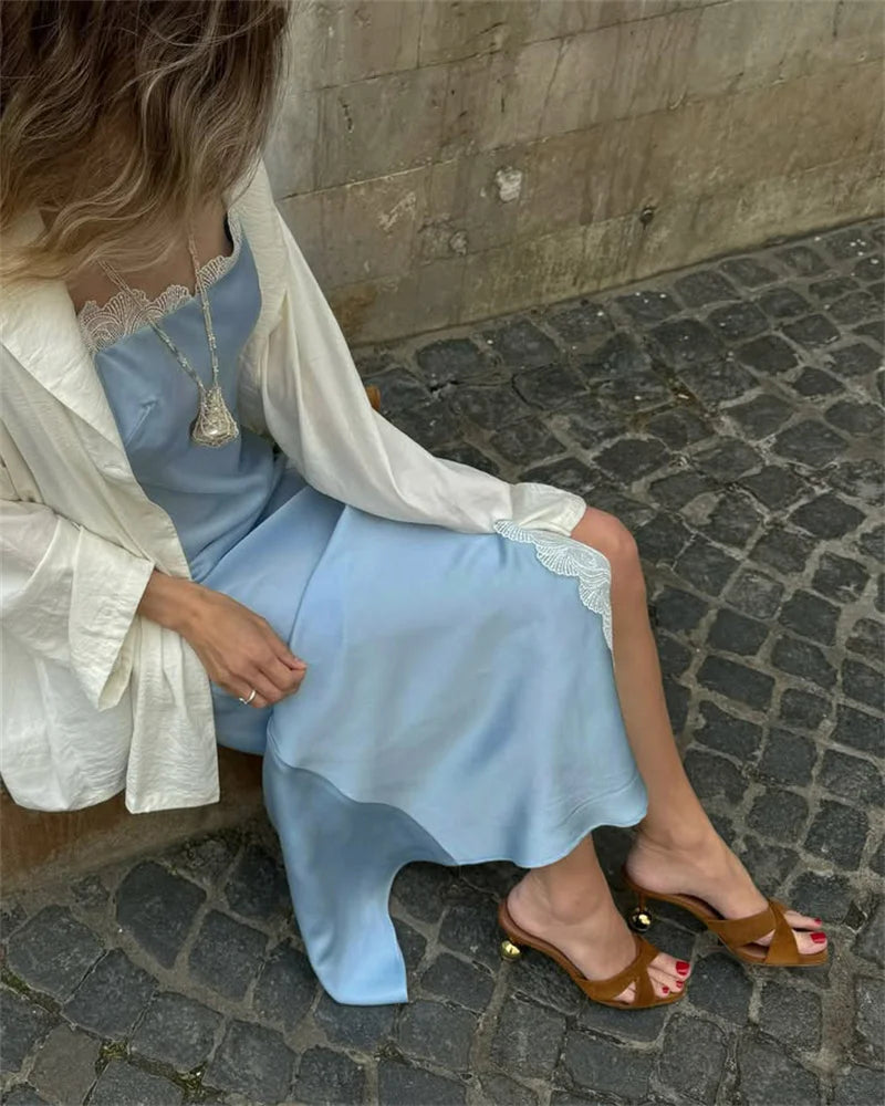 LIZAKOSHT  -  Ruched Sexy Spaghetti Strap Maxi Dress Women Split Blue Sleeveless Backless Club Party Dress Fashion Elegant Vestido