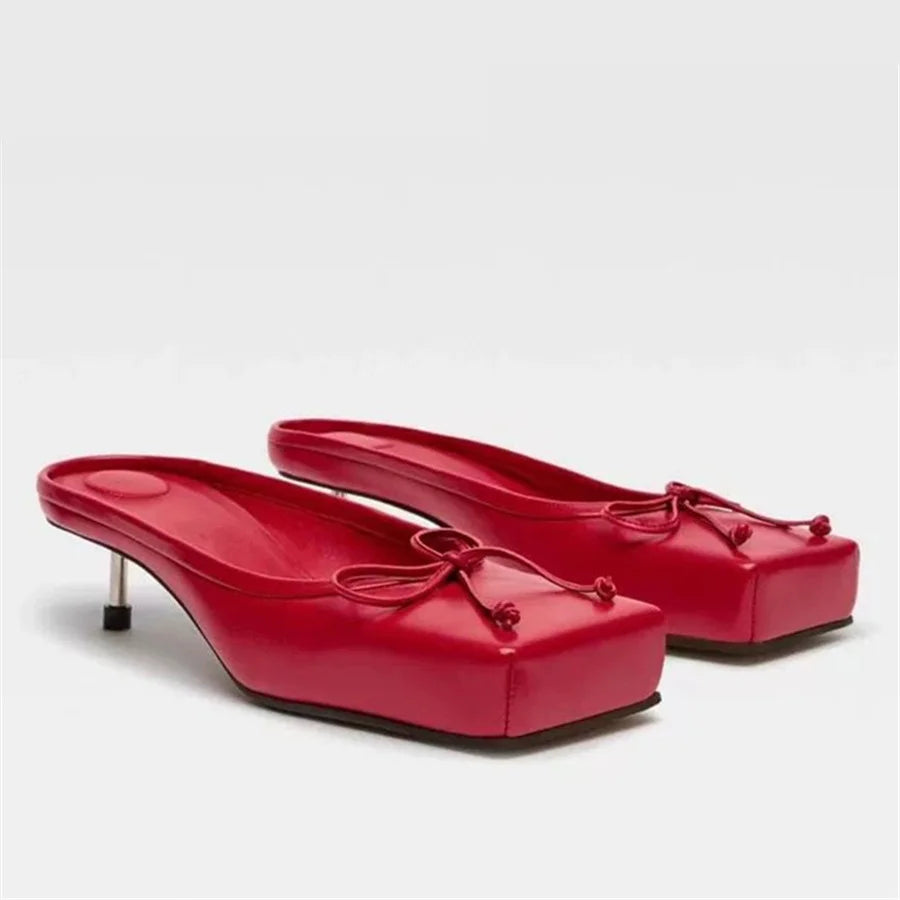 LIZAKOSHT  -  Fashion Square Toe Women Slippers High Heel Dress Pumps Red Shoes Woman Luxury Bowknot Ladies Sandals Runway Mules