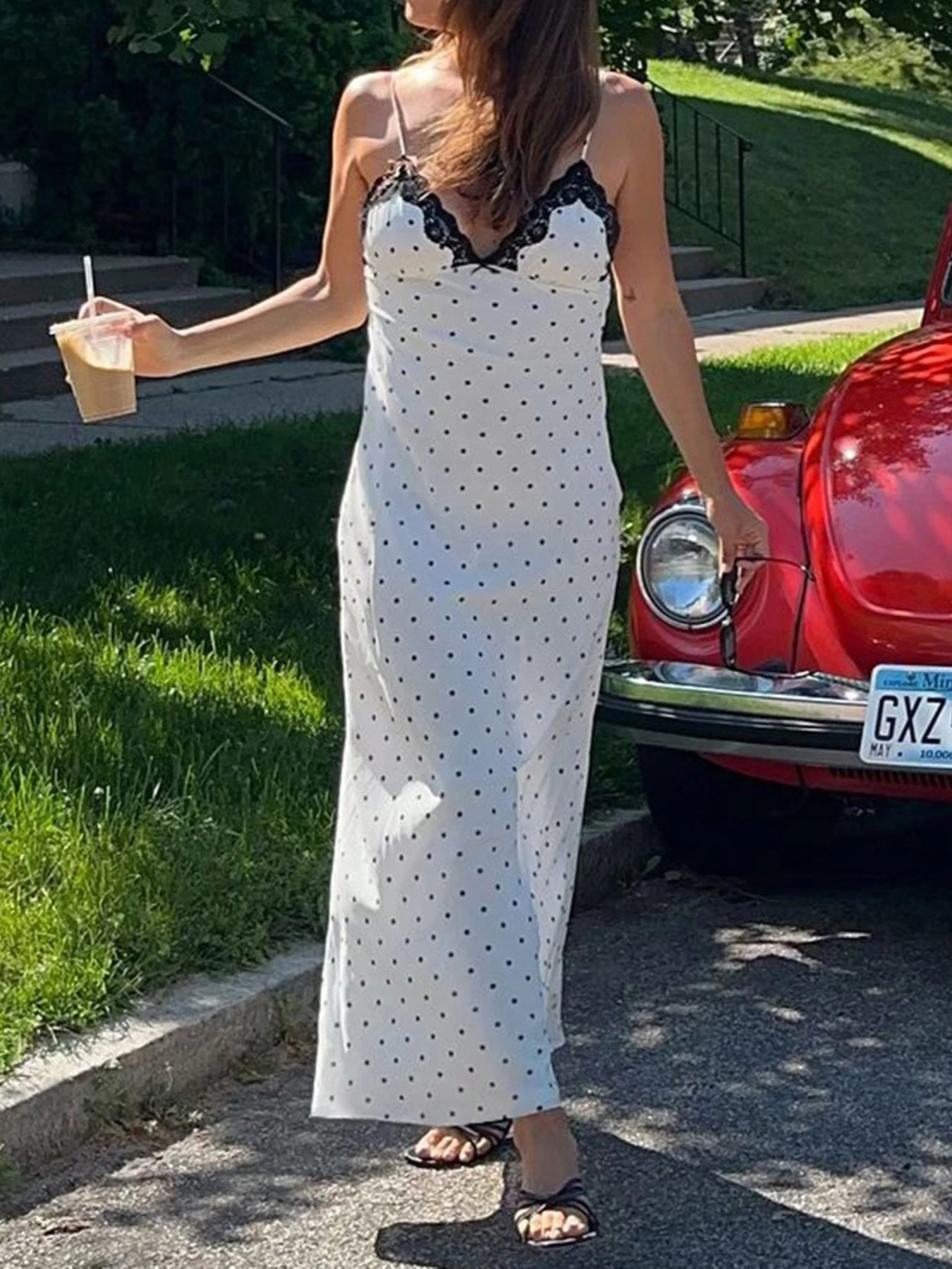 LIZAKOSHT  -  Lace Polka Dot Spaghetti Strap Dresses Sexy Hot Sweet Sleeveless Cloth Y2K Aesthetic Korean Fashion Women Outfits
