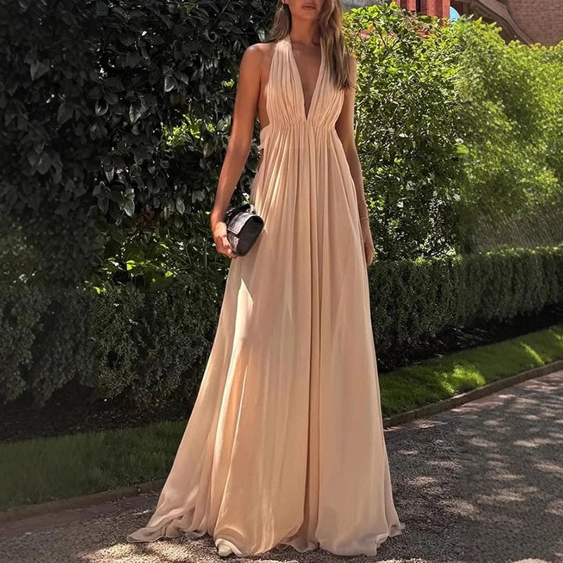 LIZAKOSHT  -  Elegant V Neck Mesh Backless Evening Dress Fashion Full Length Gala Party Dress Vestidos Luxury Women High Waist Evening Dress