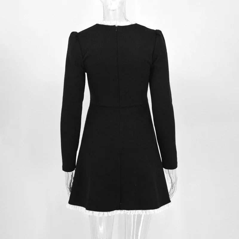 LIZAKOSHT  -  New Autumn Fashion French Streetwear Sexy A-LINE Dress Women Lace Slim Black Dress Female Clubwear Elegant Party Mini Dresses