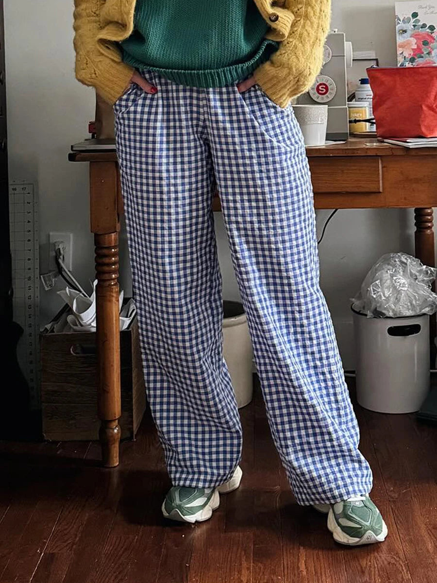 LIZAKOSHT  -  Y2K Vintage Women Girls Striped Plaid Pants Wide Leg Gingham Lounge Pants High Waist Striped Print Pajama Trousers Pants