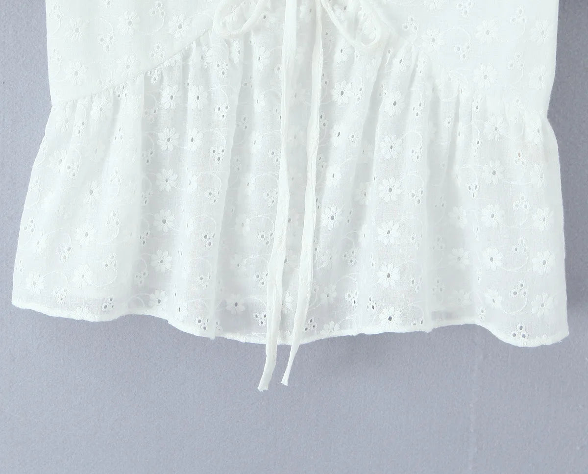 LIZAKOSHT  -  White Embroidery Hollow Out Hole Splice Lace V neck Short Puff Sleeve Shirt Women Center Button Elastic Back Slim Crop Tops