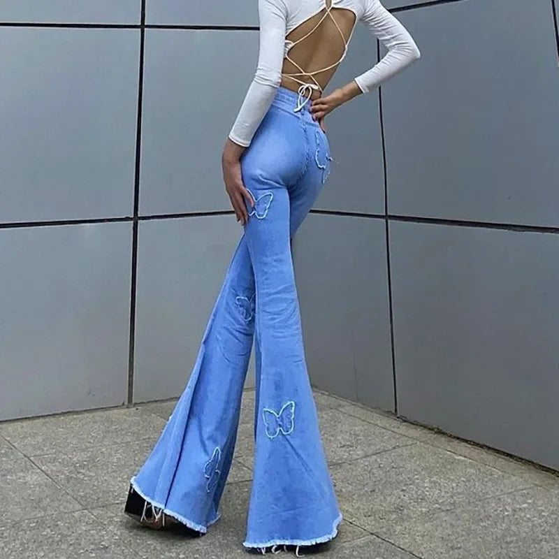 LIZAKOSHT  -  Solid Color Butterfly Print High Waist Bag Hip Casual Denim Flared Trousers 2024 Autumn Fashion Street Style Women's Trousers