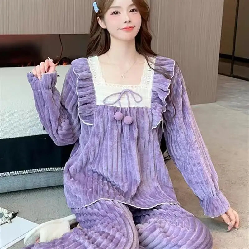 LIZAKOSHT  -  Coral Fleece Pajamas Sets for Women Plush Soft Warm Square Collar Lace Sweet  2 Piece Bow Tie Elegance Thickened Warm Homewear
