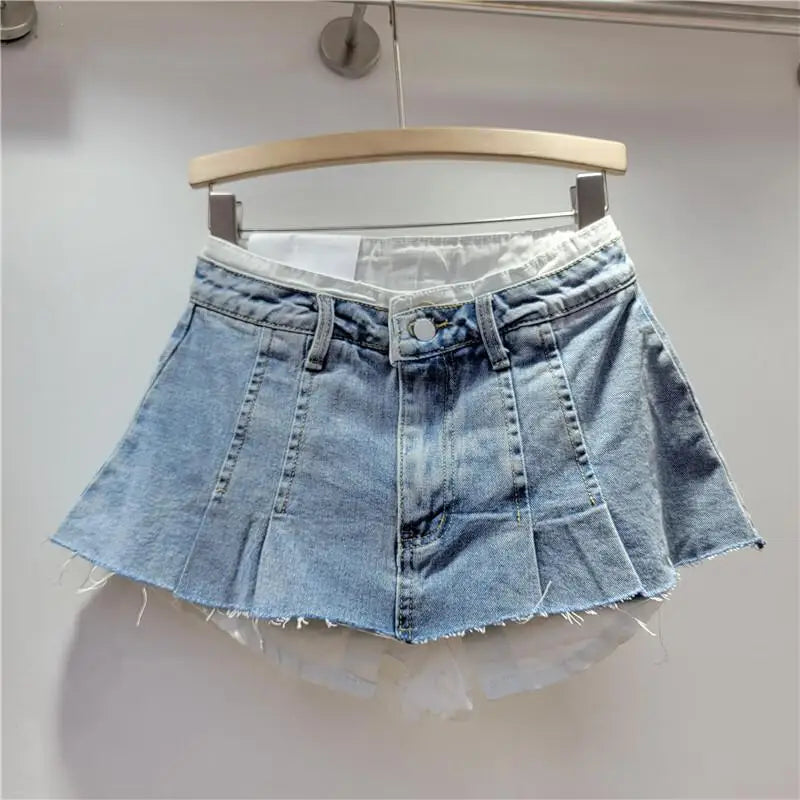 LIZAKOSHT  -  Trendy Women Denim Mini Skirt High Waist Fake Two Piece A Line Irregular Hem Autumn Fashion Skirt
