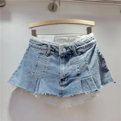 LIZAKOSHT  -  Trendy Women Denim Mini Skirt High Waist Fake Two Piece A Line Irregular Hem Autumn Fashion Skirt