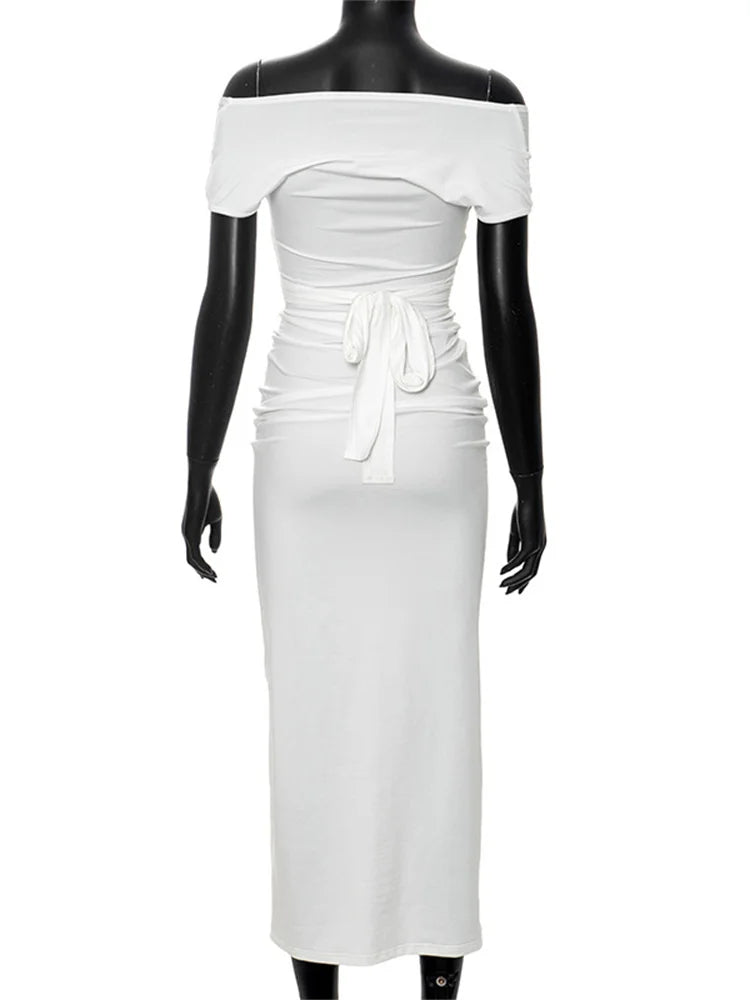 LIZAKOSHT -  Hollow Out V-Neck Drawstring Maxi Dress Female Bandage Patchwork High Waist Lace-Up Party Dress Ladies White Party Dress