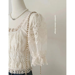 LIZAKOSHT  -  Sweet Embroidered Square Collar Lace Shirt Women's Shineril Lycra Summer New Style Button up Casual Feminine Top