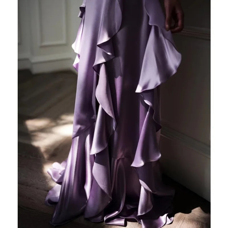 LIZAKOSHT  -  Purple V-neck Strap for Bride's Wedding Sexy Pleated Split Tassel Birthday Party Dress Платье Для Мамы Жениха Women Gowns