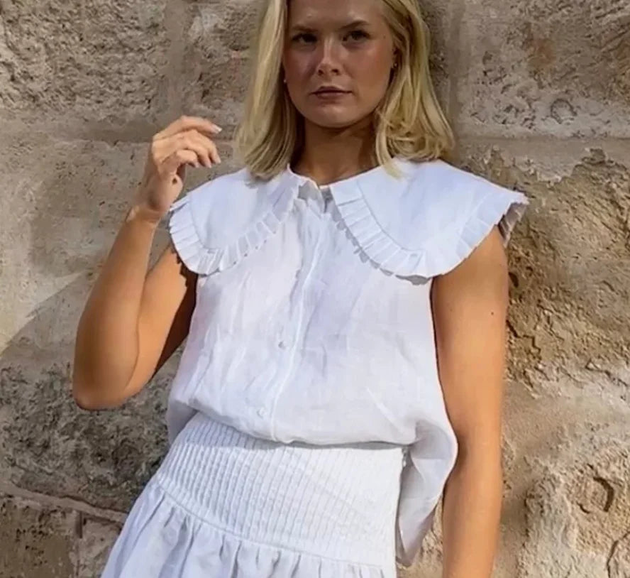 LIZAKOSHT  -  Chic Lien Ruffle Collar Shirt Shorts Set Women Elegant White Sleeveless Shirts High Waist Pleated Skirt 3Piece Sets Lady Holiday