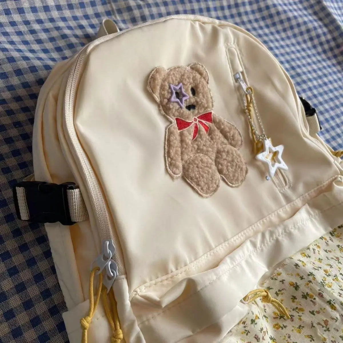 LIZAKOSHT  -  Korean Cartoon Bear Patch Multifunctional Backpack Y2k Preppy Style High-capacity Schoolbag Casual All Match Sweet Girl Backpack