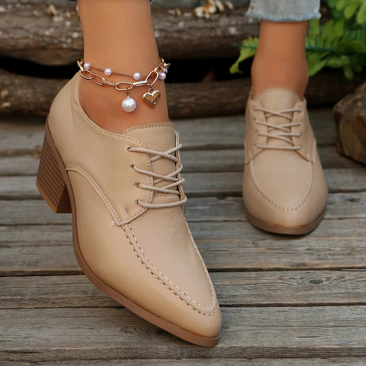 LIZAKOSHT  -  Pointed Toe Chunky Heeled Short Boots for Women Solid Color PU Leather Ankle Boots Woman Fashion High Heels Lace Up Oxford Shoes