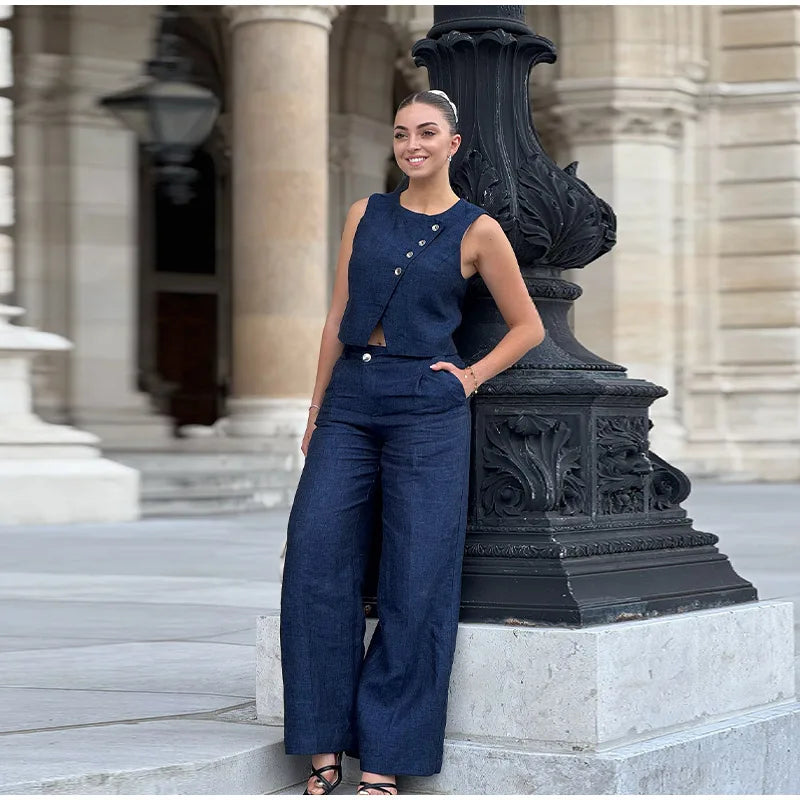 LIZAKOSHT  -  Solid Single Breasted Waistcoat Pants Set Women Fashion Sleeveless Tank Top Button Straight Trousers 2025 Lady Casual New Suit