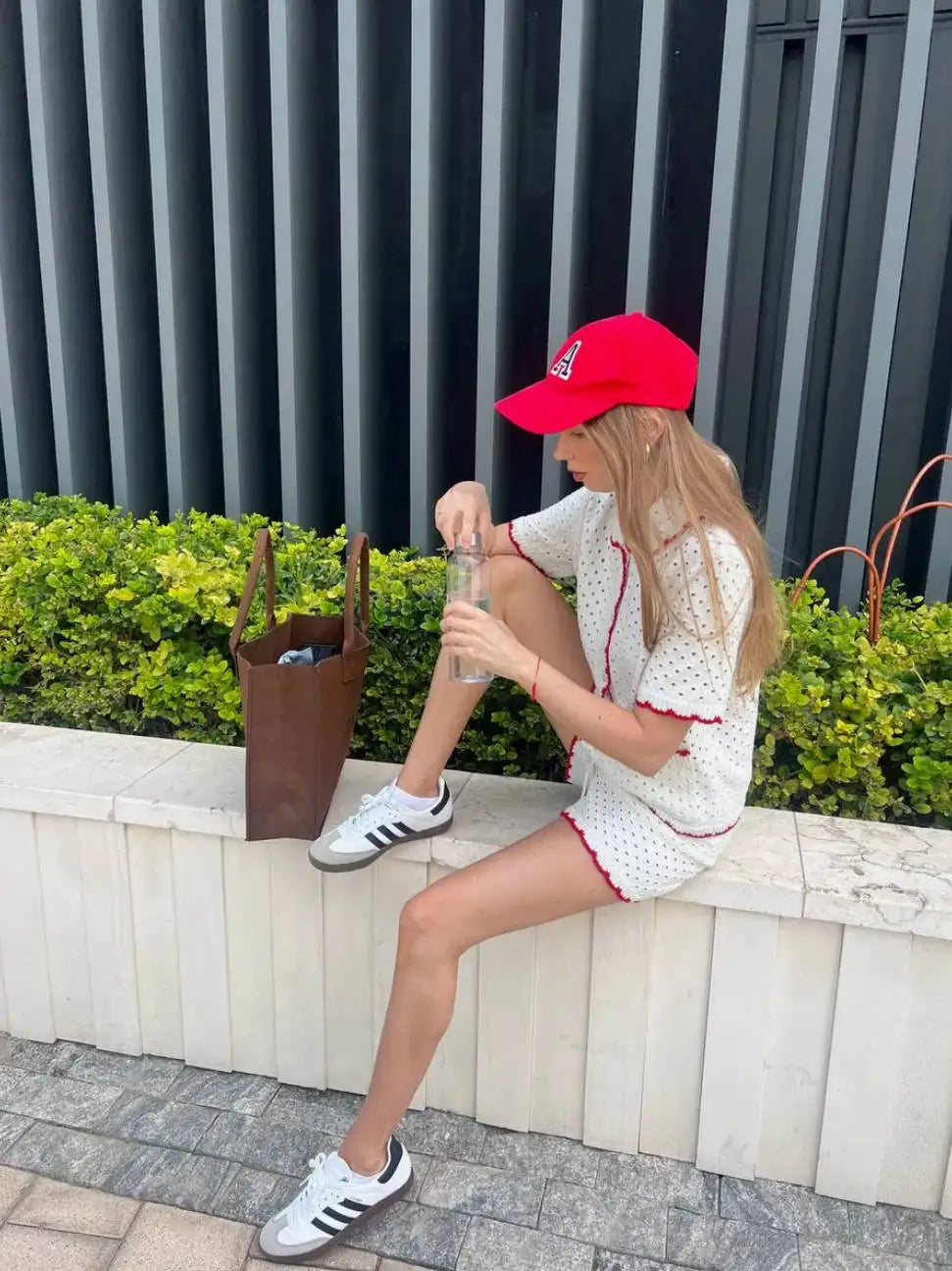 LIZAKOSHT  -  Knitted Shorts Set Fashion Casual Clashing Cardigan Top Lace Up Shorts Set Women  Vacation Sports Knitted Shorts Set