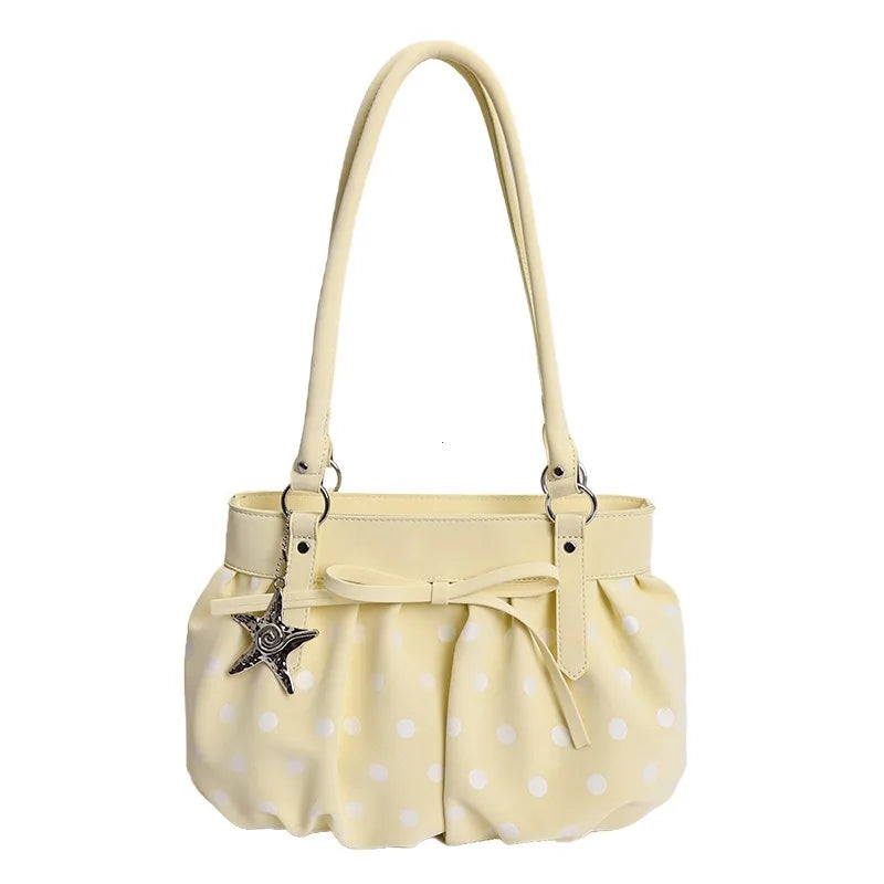 LIZAKOSHT  -  Polka Dot Ruched Shoulder Bag With Star Pendant Women Bow Decor Large Capacity Hobo Bag Retro Versatile Handbag For Daily Commut