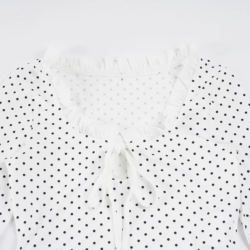 LIZAKOSHT  -  Women Y2K Lace Patchwork Polka Dot Long Sleeve Tee Hollow Out Tie Front Ruffled Slim Top Casual Streetwear Fashion Tee