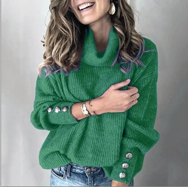 LIZAKOSHT  -  Solid Color Fashion Autumn Winter Women's New Button Hoodie High Collar Knitted Shirt Casual Comfortable Long Sleeve Top
