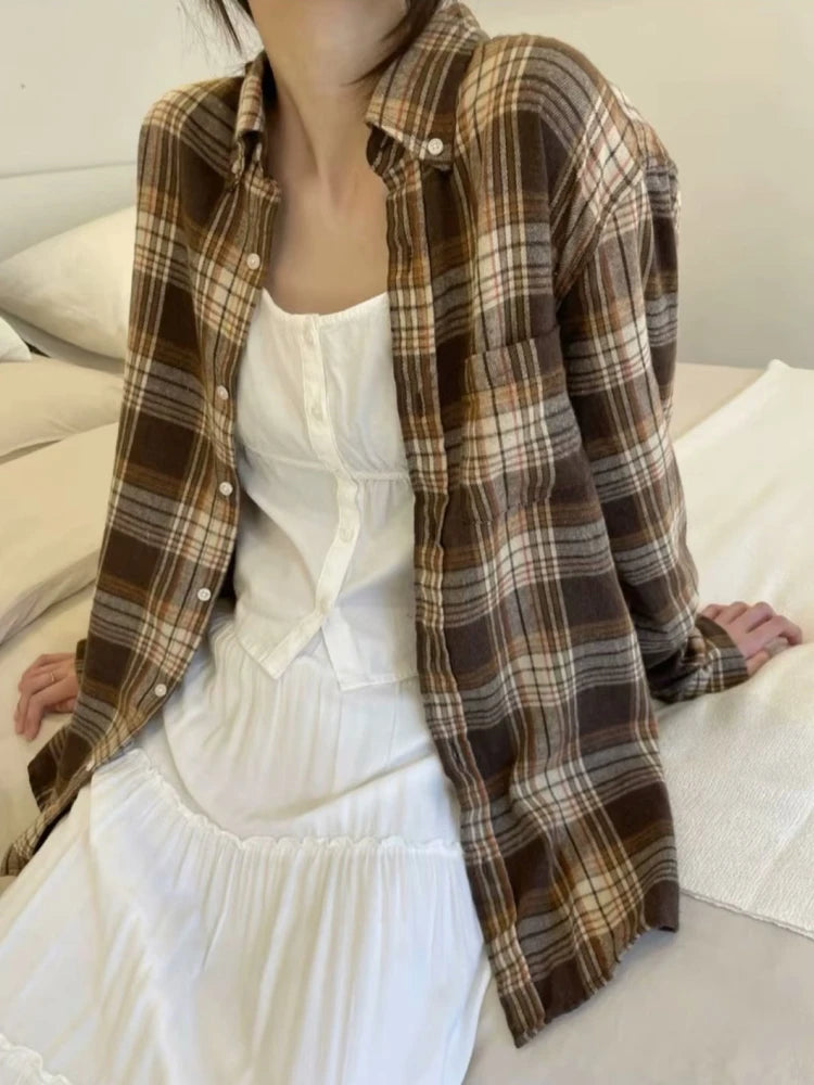 LIZAKOSHT  -  Casual Women Single-breasted Loose Shirts Summer Vintage Polo Neck Long Sleeves Plaid Printed Shirts Female Chic Tops