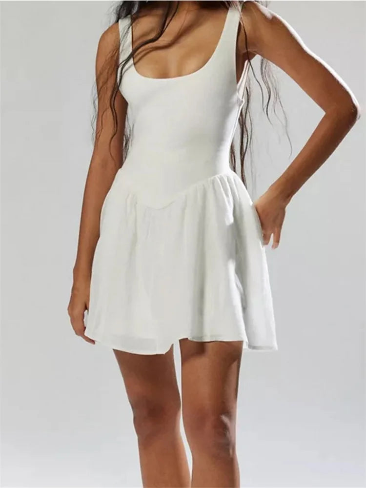 LIZAKOSHT  -  Women Dress Sleeveless Round Neck Backless Solid A-line Dress Summer Party High Waist Streetwear Female Vestidos