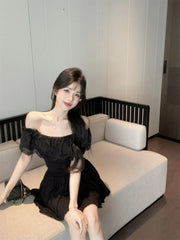 LIZAKOSHT  -  Pure Lustrous Ruffled Off-shoulder Lace Spliced pleated Waist-hugging Design Sweet Princess Dress