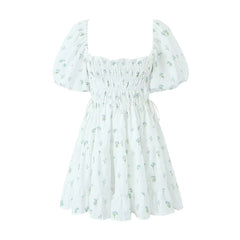 LIZAKOSHT  -  Elegant Women Puff Sleeve Elastic Waist Floral Print Dress Short Summer Robe