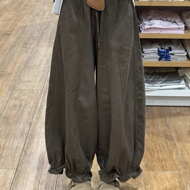 LIZAKOSHT  -  Casual Sweet Bloomers Pants Women High Waist Loose Vintage Ruffle Wide Leg Trouser All Match Lace Up Solid Harajuku Harem Pants