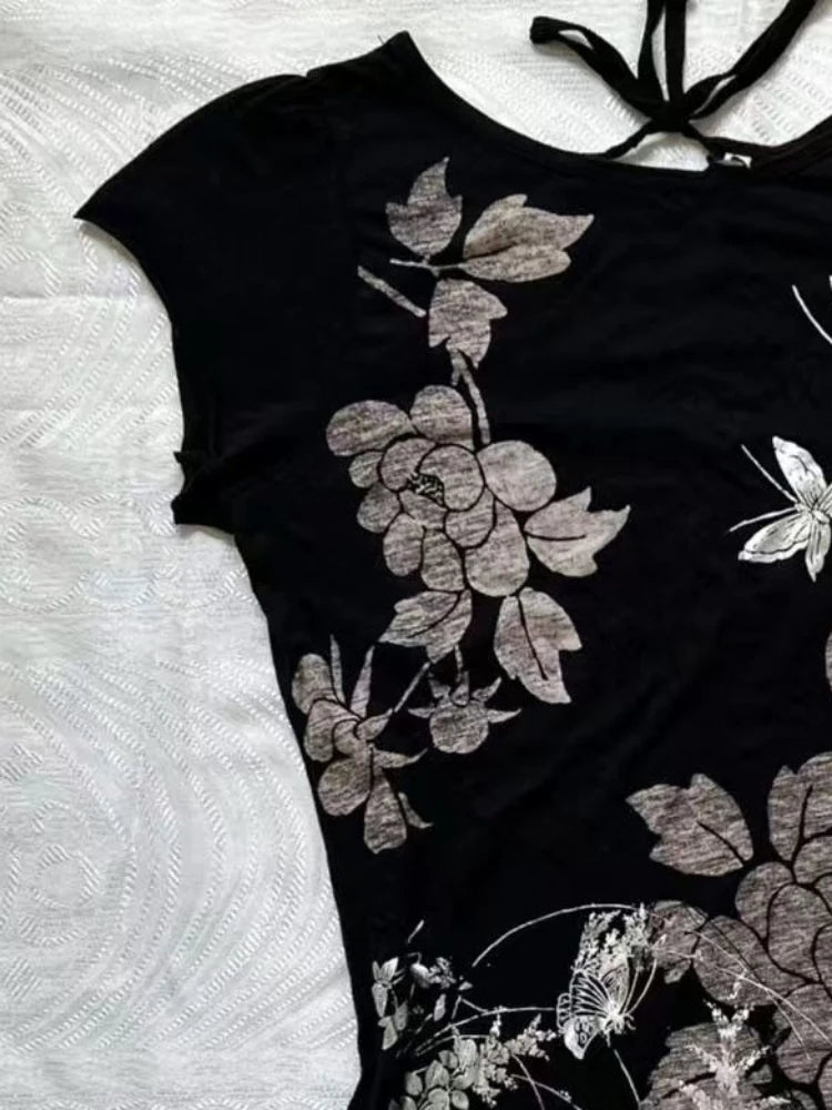 LIZAKOSHT  -  Y2k Aesthetic Vintage Flower Printing T-shirt 2025 Summer Backless Bandage Streetwear Tops Harajuku Sexy grunge Fairy Tshirts