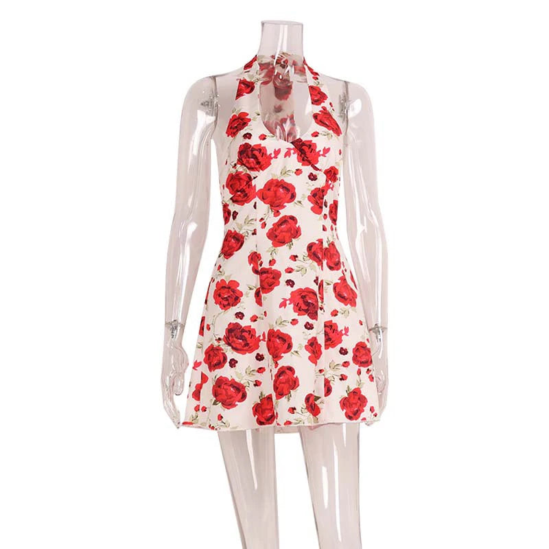 LIZAKOSHT  -  Sexy Sweet Rose Printed Halter V Neck High Waisted Sleeveless Backless A-line Short Dresses Chic Vintage Holiday Streetwear