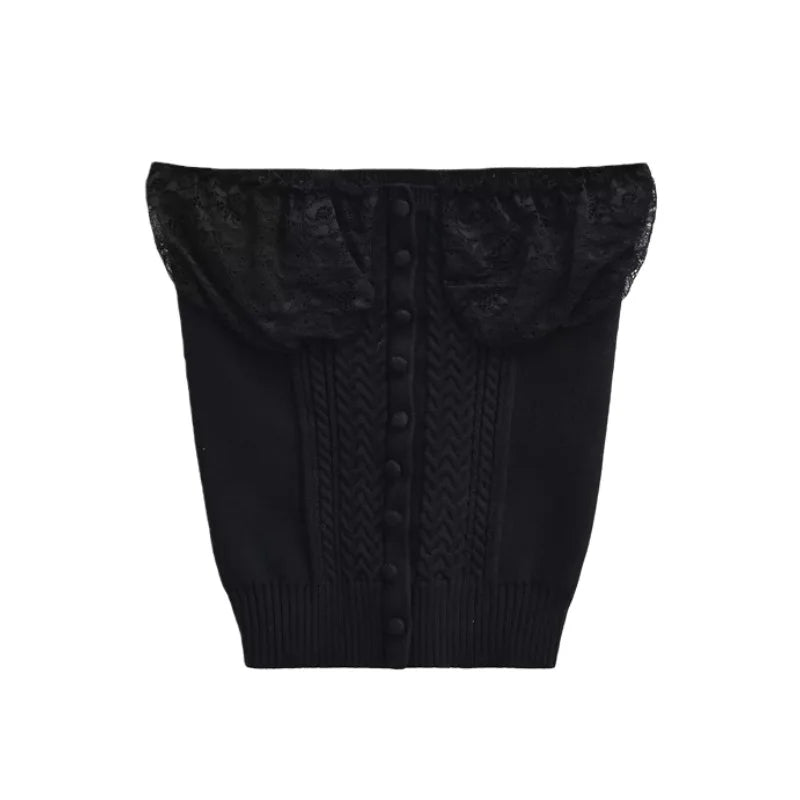 LIZAKOSHT  -  Women Off The Shoulder Twist Lace Trimmed Button Knitted Strapless Top